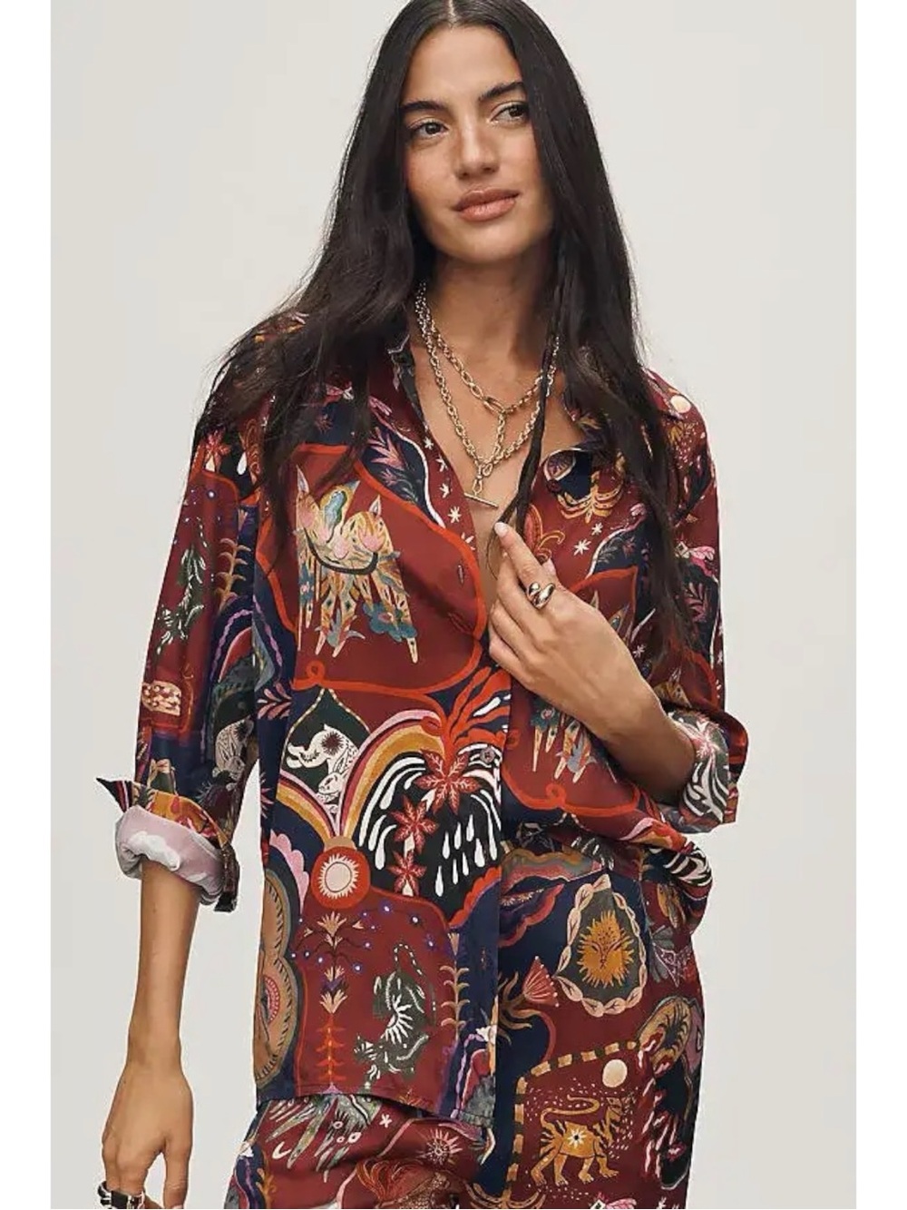 Farm Rio Bohemian Artsy Surreal Long Sleeve Buttondown Shirt Size XL NWT